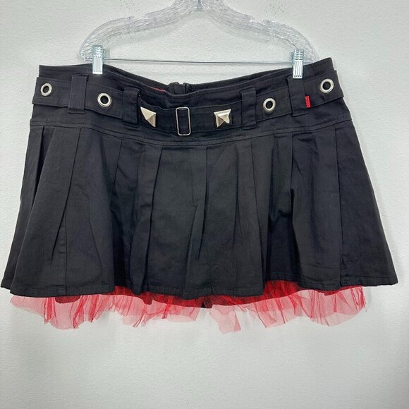 Vintage Goth Tripp NYC Size 24 Black Pleated Mini Skirt Red Tulle Y2K Retro 90s - Picture 1 of 8